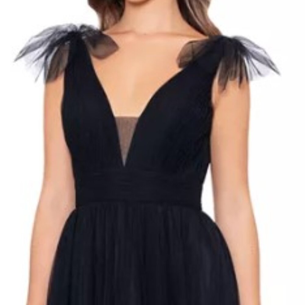 Betsy & Adam V-Neck Black Sleeveless Chiffon Gown